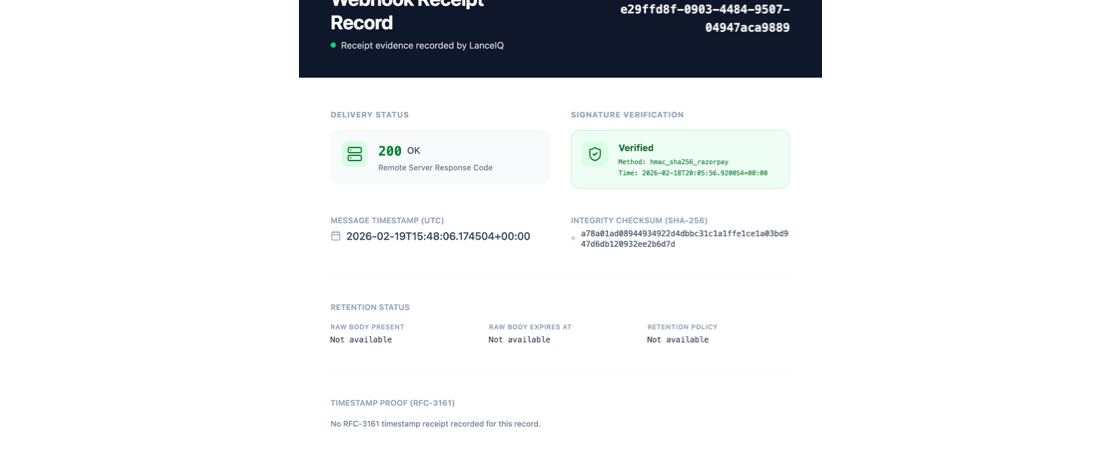 Top section of a LanceIQ ONDC evidence pack